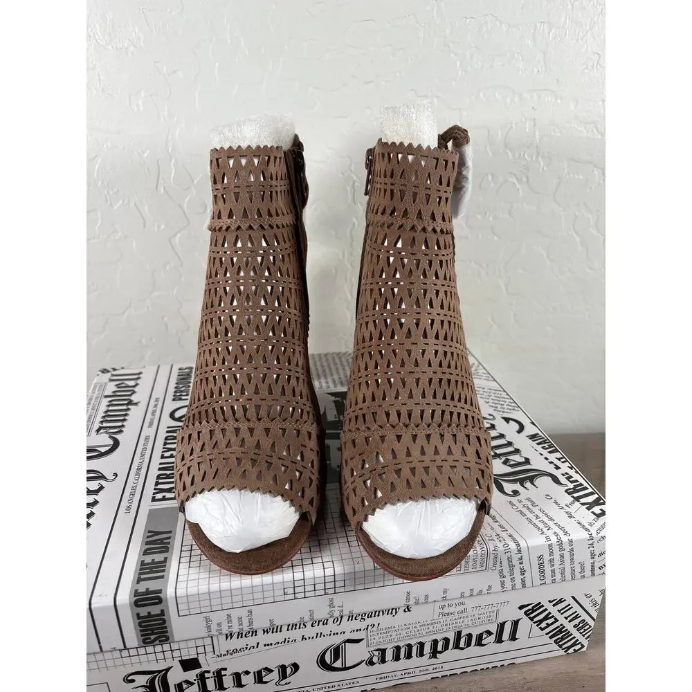 JEFFREY CAMPBELL Ottawa Taupe Suede Leather Shoes Block Heel Open Toe Bootie 8.5